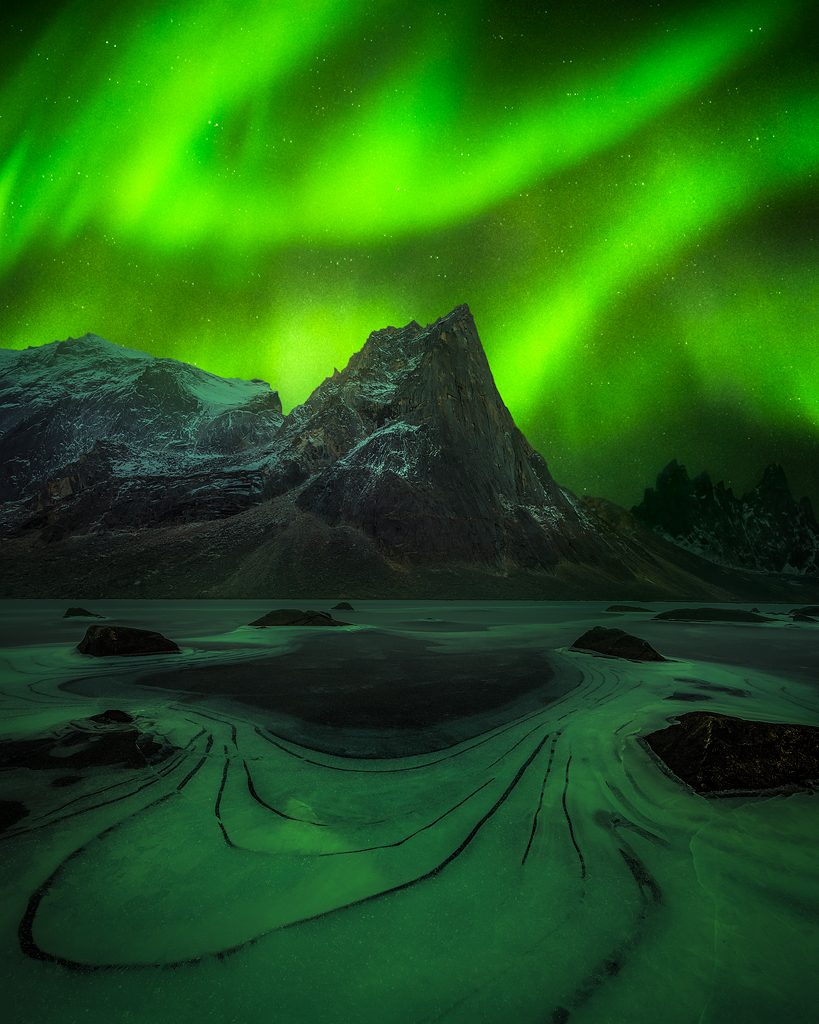 canada, northern lights, aurora, mountains, snow, winter